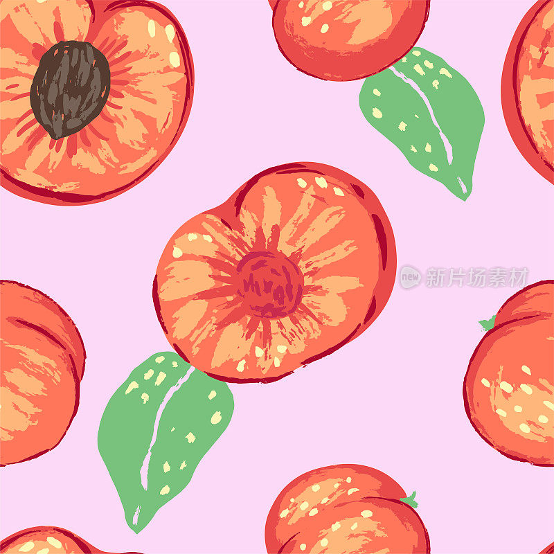 Seamless pattern of peaches in modern style. Vector illustration of fresh tasty fruits with leaves. Bright contemporary ornament. Design for decor, wallpaper, background, textile.
